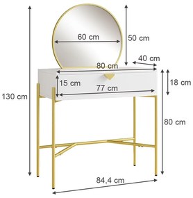 SEA492 - Set Masa toaleta, 80 cm cosmetica machiaj, oglinda cu LED, masuta vanity - Alb Auriu