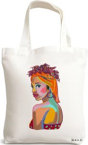 Sacosa de Panza pentru Cumparaturi, Geanta Tote, model Portret Vibrant 3, 38x34.5 cm, Alba, BEKZ®