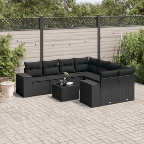 3254692 vidaXL Set mobilier de grădină cu perne, 9 piese, negru, poliratan