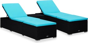 vidaXL Șezlonguri de grădină cu masă ceai, 3 piese, negru, poliratan