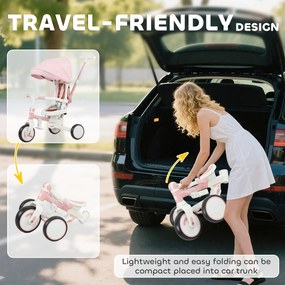 AIYAPLAY Triciclu pentru Copii 5 în 1 cu Spătar Reglabil, Triciclu pentru Copii cu Mâner de Împingere, Spătar Reglabil, Roz | Aosom Romania