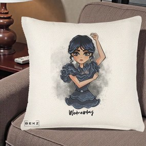 Perna Personalizata Wednesday Addams Dancing Queen, 40x40 cm, Crem Reliefat, Husa Detasabila, Perna Inclusa, BEKZ®