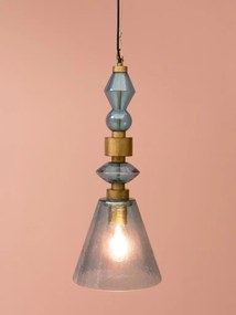 Lustră din sticlă albastră cu structură din alamă antichizată, formă conică, 65 × 25 cm, „Astrolab"