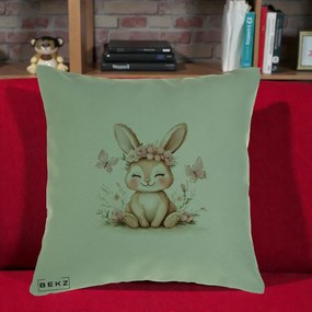 Perna Decorativa Iepuras cu Coronita Florala Roz, 40x40 cm, Verde, Husa Detasabila, Perna Inclusa, BEKZ®