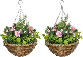Outsunny Set 2 Ghivece de Agățat cu Plante Artificiale Lisianthus, Suport din Răchită și Bază de Ciment, Ф25x34cm | Aosom Romania
