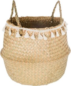 Coș decorativ, iarbă de mare, țesut, Ø 31 cm, cu franjuri