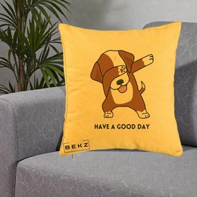 Perna Decorativa Caine Dab Have A Good Day, 40x40 cm, Galben, Husa Detasabila, Perna Inclusa, BEKZ®