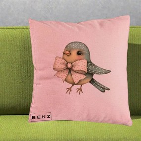Perna Decorativa Pasare Teal cu Fundita cu Buline, 40x40 cm, Roz, Husa Detasabila, Perna Inclusa, BEKZ®