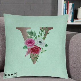 Cadou Personalizat - Perna Personalizata Monograma Rose Gold Litera V, 40x40 cm, Verde Menta, Husa Detasabila, Perna Inclusa, BEKZ®