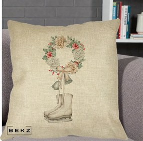 Perna Decorativa Patine cu Coroana Florala de Craciun, 40x40 cm, Crem, Husa Detasabila, Perna Inclusa, BEKZ®