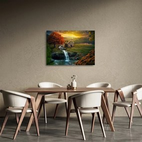 Tablou pe sticlă cu căbănuță în peisaj de poveste (70x50 cm)
