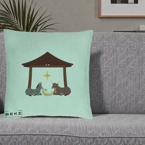Perna Decorativa Ieslea din Betleem cu Iesle Asin si Bou, 40x40 cm, Verde Menta, Husa Detasabila, Perna Inclusa, BEKZ®