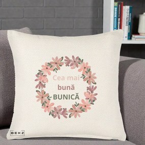 Cadou pentru Bunica - Perna Personalizata Cea Mai Buna Bunica Coronita Flori Roz, 40x40 cm, Crem Reliefat, Husa Detasabila, Perna Inclusa, BEKZ®