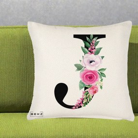 Cadou Personalizat - Perna Personalizata Monograma Florala Litera J, 40x40 cm, Crem Reliefat, Husa Detasabila, Perna Inclusa, BEKZ®