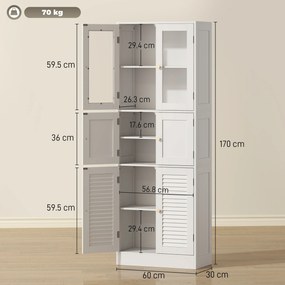 HOMCOM Dulap pentru baie cu 3 compartimente și 2 uși din sticlă și lemn, rafturi reglabile, 60x30x170 cm, alb | Aosom Romania