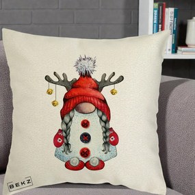 Perna Decorativa Pitic Gnom Craciun cu Coarne de Ren, 40x40 cm, Ecru, Husa Detasabila, Perna Inclusa, BEKZ®