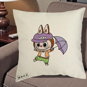 Perna Personalizata Labubu Lucky cu Umbrela, 40x40 cm, Ecru, Husa Detasabila, Perna Inclusa, BEKZ®