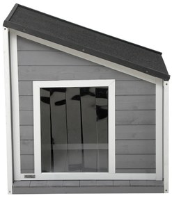 PawHut Hundehütte din lemn masiv, rezistent la intemperii, acoperiș din șindrilă, 71 cm x 58 cm x 77 cm, Gri + Alb | Aosom Romania