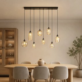 Lampa suspendată Art Deco neagră cu sticlă ambră cu 8 lumini - Hanne