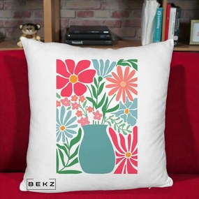 Perna Decorativa Flori in Vaza Turcoaz, 40x40 cm, Alb Pufos, Husa Detasabila, Perna Inclusa, BEKZ®