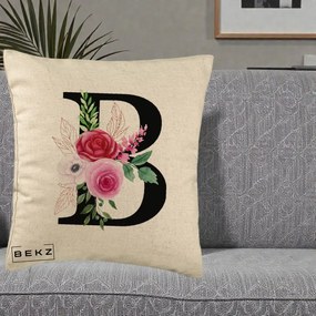 Cadou Personalizat - Perna Personalizata Monograma Florala Litera B, 40x40 cm, Bej, Husa Detasabila, Perna Inclusa, BEKZ®