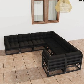 3077028 vidaXL Set mobilier grădină cu perne, 8 piese, negru, lemn masiv pin