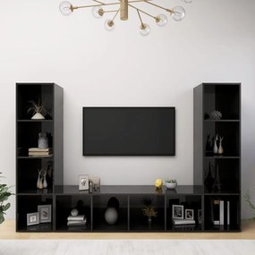 Comode TV, 3 buc., negru extralucios, 142,5x35x36,5 cm, PAL 3, negru foarte lucios