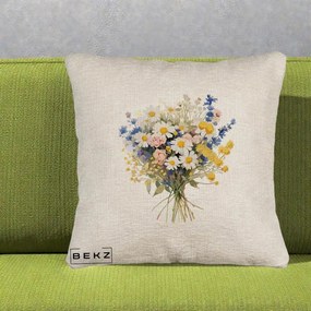 Perna Decorativa Buchet Camp Acuarela Margarete-Lavanda, 40x40 cm, Bej Canapea, Husa Detasabila, Perna Inclusa, BEKZ®
