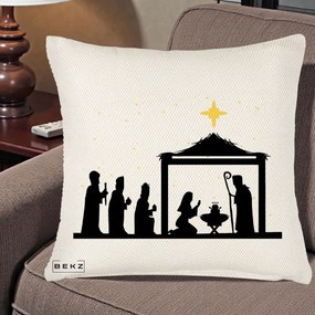 Perna Decorativa Nasterea Pruncului Silueta Neagra si Stea Aurie, 40x40 cm, Crem Reliefat, Husa Detasabila, Perna Inclusa, BEKZ®
