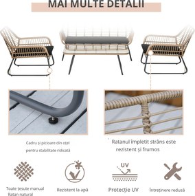 Outsunny Set Canapele pentru Veranda, 4 Piese, Ratan Natural, Design Sofisticat, Ideal pentru Relaxare si Petreceri in Aer Liber | Aosom Romania