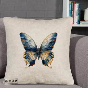 Perna Decorativa Fluture Albastru Auriu Elegant, 40x40 cm, Bej Canapea, Husa Detasabila, Perna Inclusa, BEKZ®