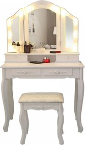 RESIGILAT- Set Anastasia, masă de toaletă cu 3 oglinzi iluminate LED, control touch, 4 sertare, scaun, Alb