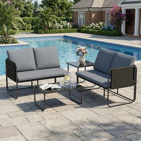 Outsunny Set Grădină Exterior 4 Piese cu 2 Canapele 2 Locuri 2 Mese cu Sticlă Perne Huse Detașabile și Buzunare Gri | Aosom Romania