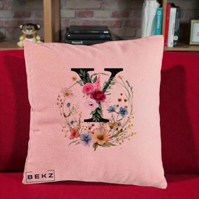 Cadou Personalizat - Perna Personalizata Monograma Florala Litera Y cu Coroana, 40x40 cm, Roz, Husa Detasabila, Perna Inclusa, BEKZ®