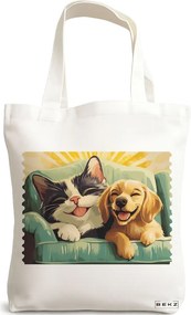 Sacosa de Panza pentru Cumparaturi, Geanta Tote, model Best Friends Cat and Doggo 38 x 34.5 cm, Alba, BEKZ®
