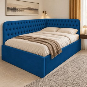 Pat tapițat pentru copii din catifea Elyra 140×200 cm, albastru, colț stânga, cu ladă de depozitare