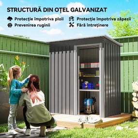 Outsunny Adăpost Unelte cu Acoperiș Înclinat și Ușă Glisantă, din Oțel și PP, 163x89x182 cm, Gri Deschis | Aosom Romania
