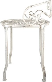 Taburet din metal, alb, cu spătar în spirale și șezut decupat floral, finisaj antichizat, 67 x Ø 44 cm, „Volute”