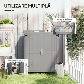 Outsunny Dulap de Exterior, Dulap pentru Ustensile cu Blat din Metal și Raft, Banc de Lucru din Lemn cu 2 Uși pentru Grădină, Terasă, Curte, Gri | Aosom Romania