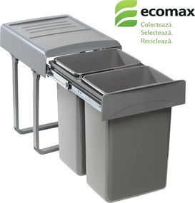 Cos gunoi incorporabil Ecomax Mega 40, cu extragere totala, colectare selectiva, gri antracit, 2 x 20 l Polipropilena, 400 mm, L:356 mm, A:480 mm,