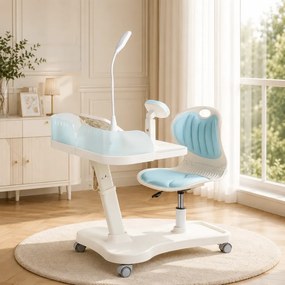 SmartStudy ErgoPro Kids – Set Birou și Scaun Ergonomic pentru Copii, Reglabile pe înălțime, cu Lampă LED Integrată, Suport Reglabil pentru Carte și Tabletă, Spătar Rabatabil, Roți Inteligente Gravity Lock, Albastru