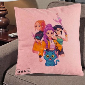 Perna Personalizata K-pop HUNTRX Trio cu Pisica si Cristale, 40x40 cm, Roz, Husa Detasabila, Perna Inclusa, BEKZ®