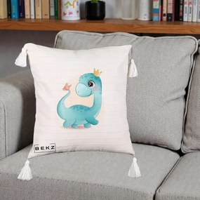 Perna Personalizata Dinozaur Bland Coroana Kawaii, 40x40 cm, Bej cu Franjuri, Husa Detasabila, Perna Inclusa, BEKZ®