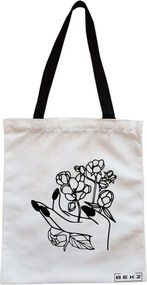Sacosa de Panza pentru Cumparaturi, Geanta Tote, model Floral Hand, Cu fermoar, 38x34.5 cm, Alba, BEKZ®
