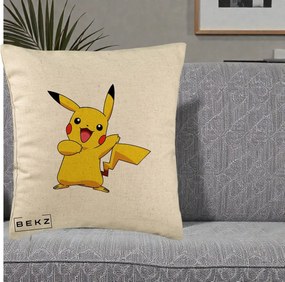 Perna Personalizata Pikachu Fericit, 40x40 cm, Bej, Husa Detasabila, Perna Inclusa, BEKZ®
