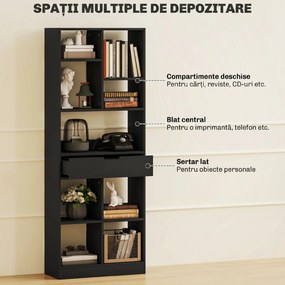 HOMCOM Bibliotecă Modernă din Lemn cu Sertar Central și Kit Antirăsturnare, 60x26x158 cm, Negru | Aosom Romania