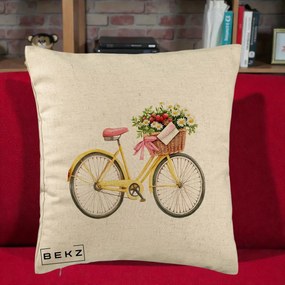 Perna Decorativa Bicicleta Galbena cu Cos de Flori Primavara, 40x40 cm, Bej, Husa Detasabila, Perna Inclusa, BEKZ®