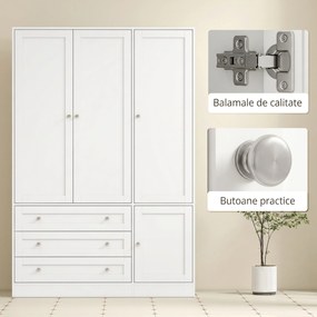 HOMCOM Dulap Modern cu Bară pentru Umerașe, 3 Sertare și Raft Reglabil, Alb | Aosom Romania