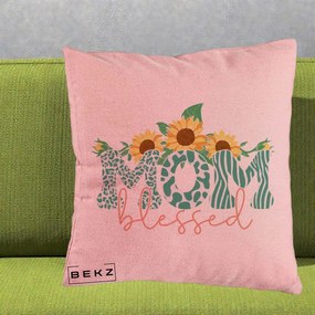 Cadou pentru Mama - Perna Personalizata Mom Blessed cu Floarea Soarelui Animal Print Teal, 40x40 cm, Roz, Husa Detasabila, Perna Inclusa, BEKZ®