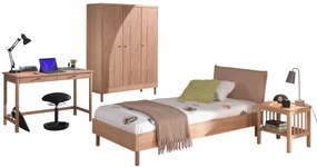 Set Complet Mobilier Camera Copii Forrest Oak, Pat 90x200 cm cu Tăblie Textilă, Dulap cu 3 Uși, Noptieră și Birou, din Lemn de Stejar, Natur – Vipack